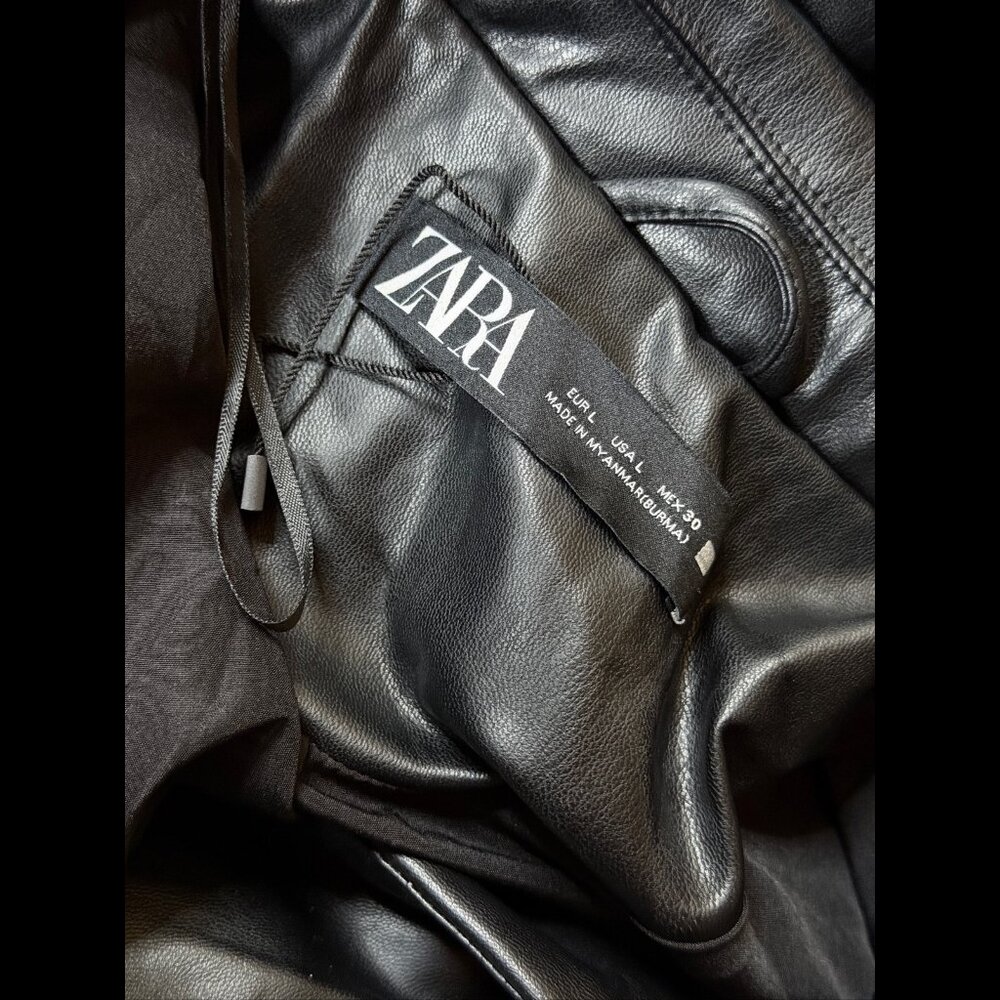 New Zara Jacket Large Womens Black Vegan Leather Cut Out Trench Double-Breasted - Picture 8 of 10